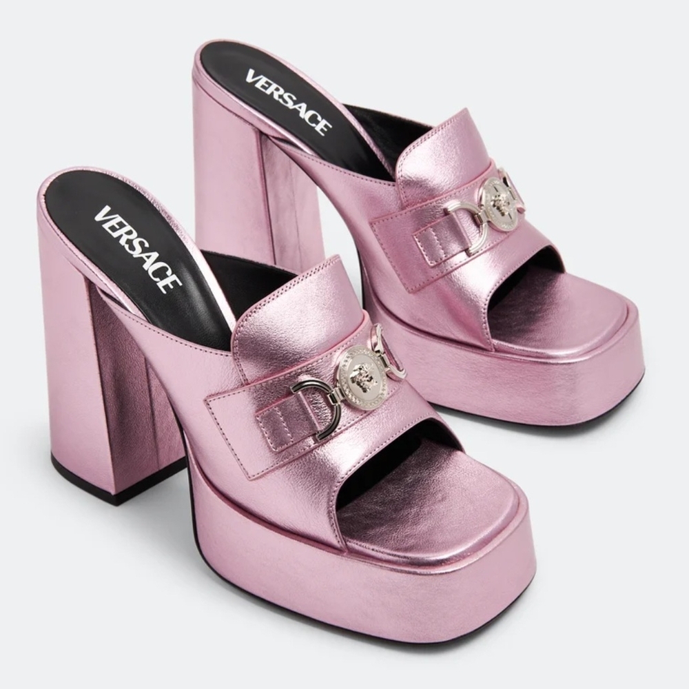 Versace Metallic Pink Platform Block Heels